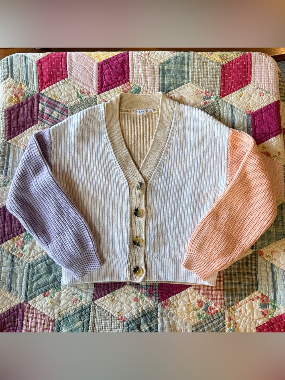 Gap Colorblock Ribbed Cardigan - Cream, Lavender & Peach - Size M